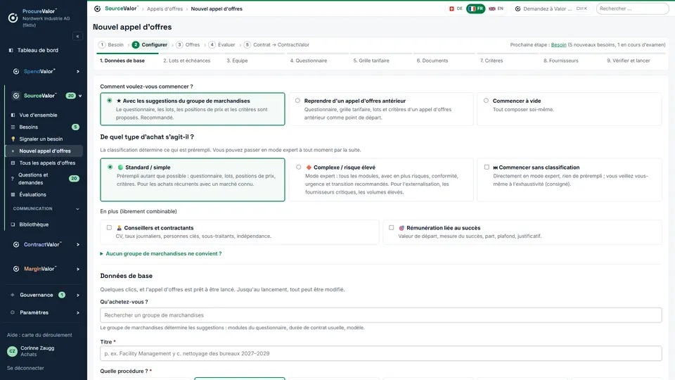 Nouvel appel d'offres : assistant en étapes numérotées, base de référence reprise de SpendValor.