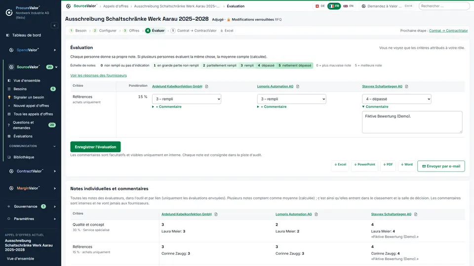 Évaluation : critères et pondérations, chaque note justifiée, le classement se calcule seul.