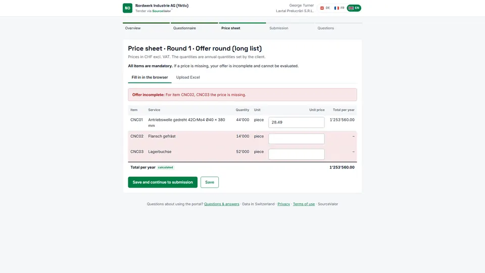 Supplier portal: the supplier submits its offer for the tender online.