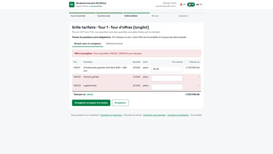 Portail fournisseurs : le fournisseur remet son offre en ligne pour l'appel d'offres.